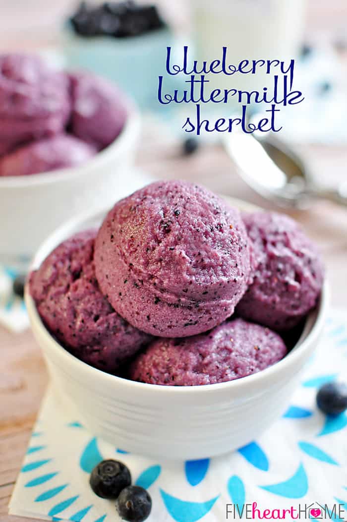 Blueberry Buttermilk Sherbet ~ a purée of fresh or frozen blueberries is blended with buttermilk, sugar, and vanilla for a sweet and creamy sherbet that makes a refreshing summer treat! | FiveHeartHome.com via @fivehearthome