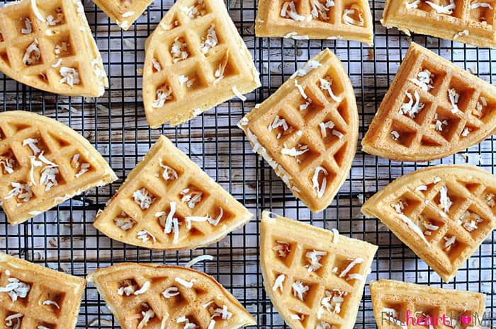 Dairy-Free Coconut Waffles ~ made with whole wheat pastry flour, coconut milk, coconut oil, and honey...tender, golden, and delicious! | FiveHeartHome.com Aerial View on Cooling Rack