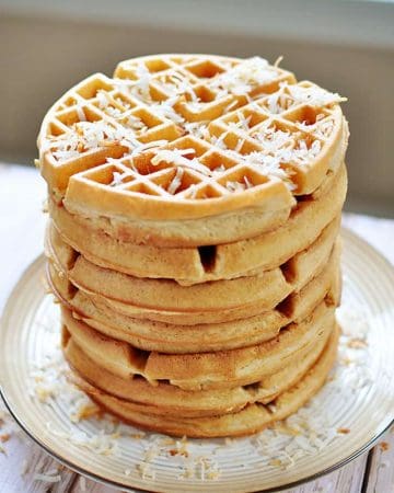 Dairy-Free Coconut Waffles ~ made with whole wheat pastry flour, coconut milk, coconut oil, and honey...tender, golden, and delicious! | FiveHeartHome.com
