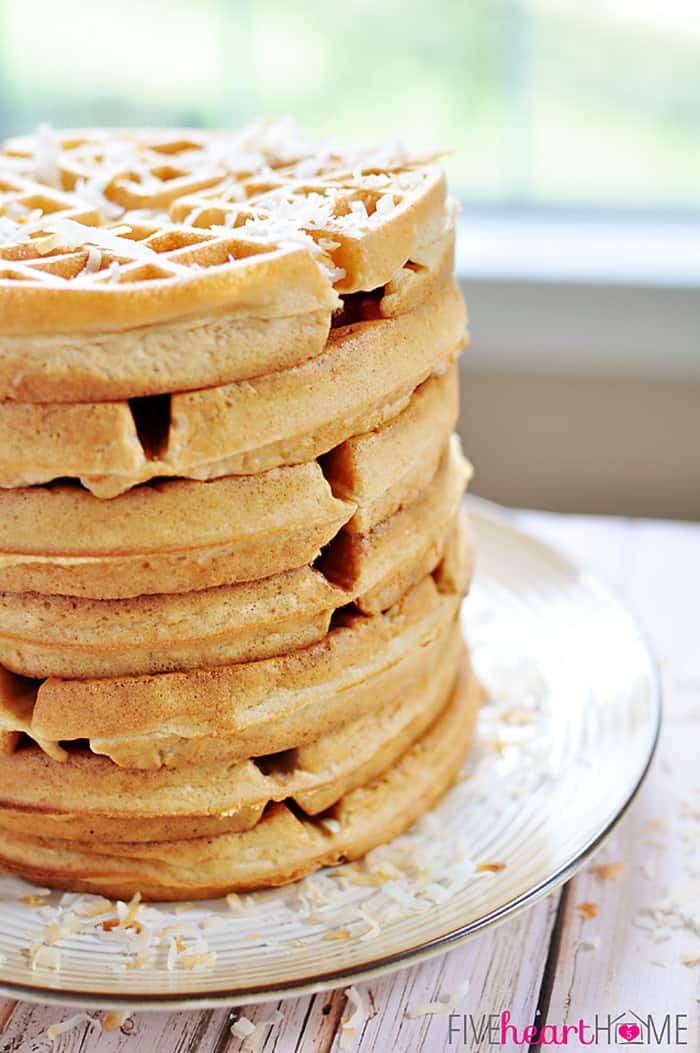 Dairy-Free Coconut Waffles Stacked on Stoneware Plate 