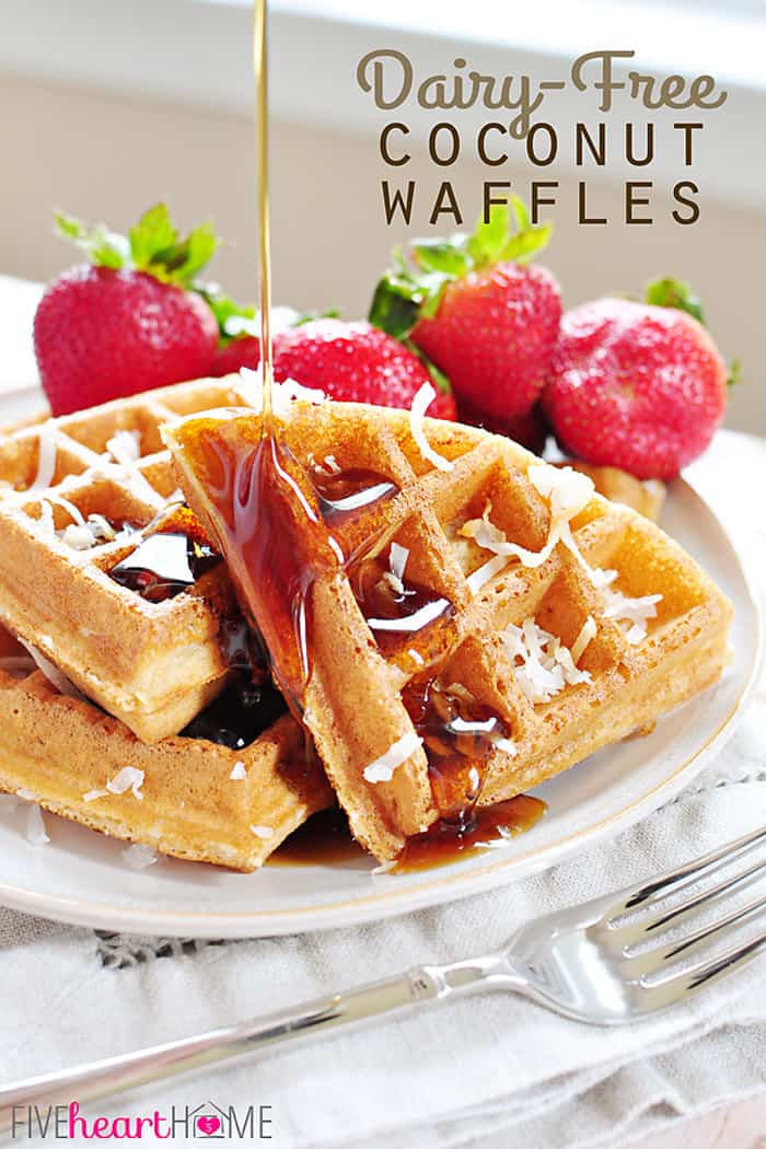 Dairy-Free Coconut Waffles ~ made with whole wheat pastry flour, coconut milk, coconut oil, and honey...tender, golden, and delicious! | FiveHeartHome.com via @fivehearthome