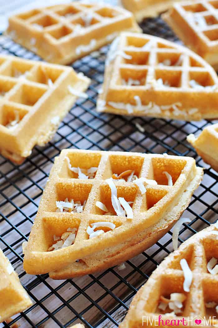 Dairy-Free Coconut Waffles ~ made with whole wheat pastry flour, coconut milk, coconut oil, and honey...tender, golden, and delicious! | FiveHeartHome.com Dairy-Free Coconut Waffles on Cooling Rack