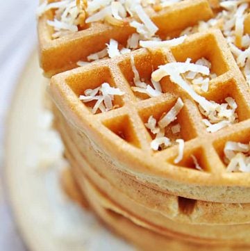 Dairy-Free Coconut Waffles ~ made with whole wheat pastry flour, coconut milk, coconut oil, and honey...tender, golden, and delicious! | FiveHeartHome.com