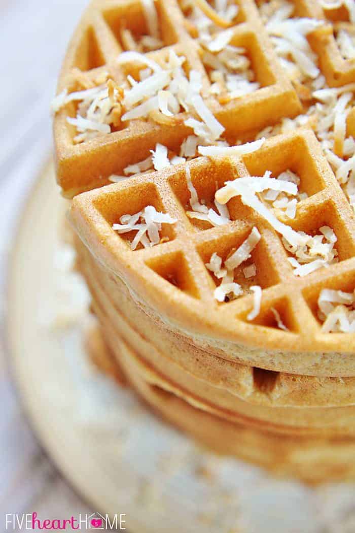 Dairy-Free Coconut Waffles ~ made with whole wheat pastry flour, coconut milk, coconut oil, and honey...tender, golden, and delicious! | FiveHeartHome.com Close-Up