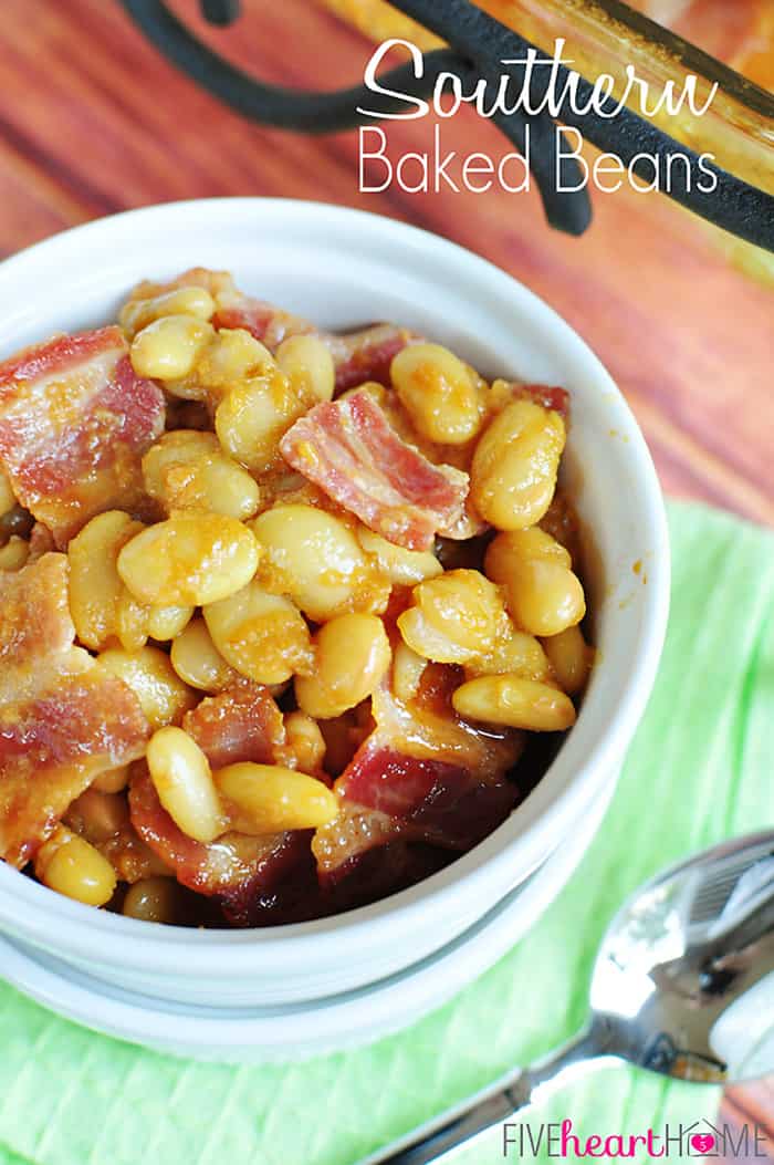 Easy Southern Baked Beans ~ this sweet and savory side dish is topped with bacon, and it's quick to whip up using canned white beans | FiveHeartHome.com Southern Baked Beans with text overlay.
