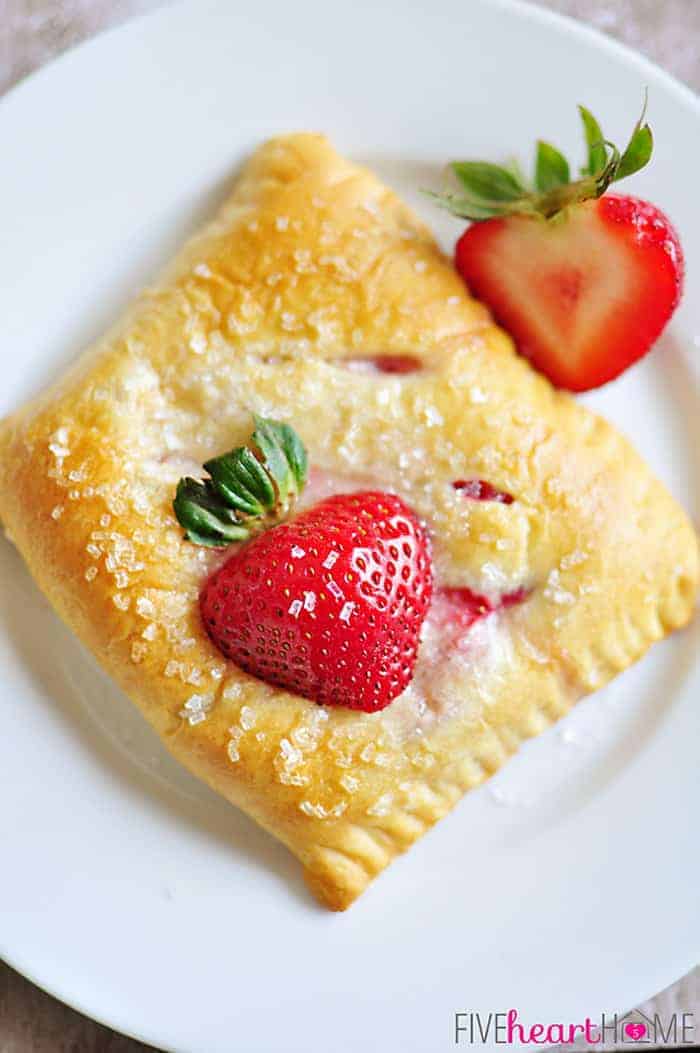 Aerial view of a Strawberry Pastry on a white plate.