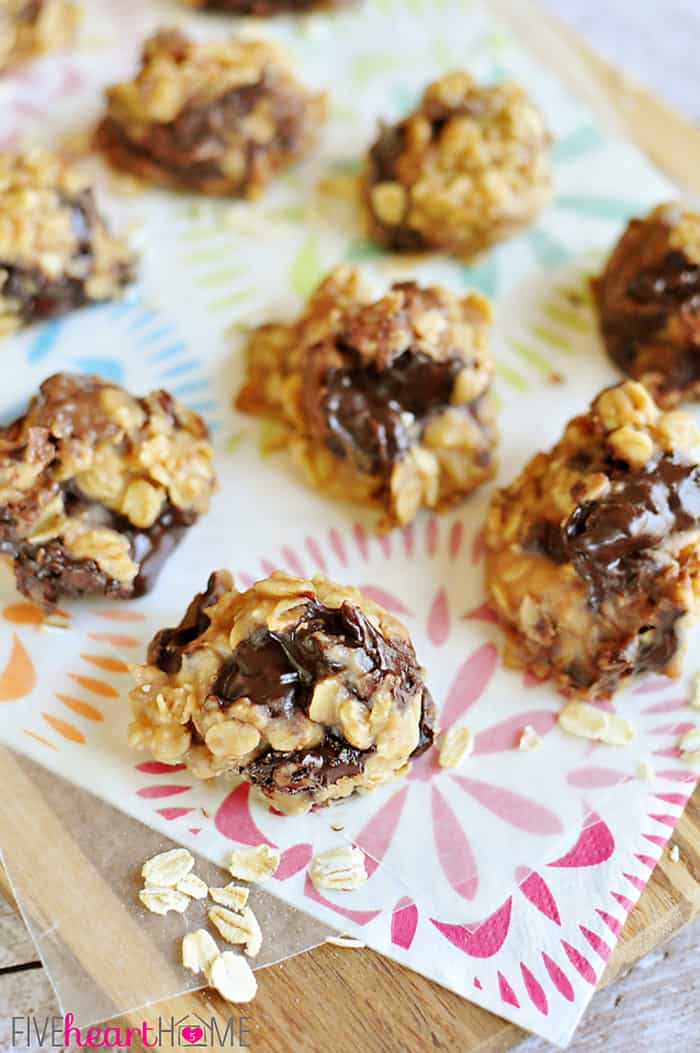 No-Bake Peanut Butter Chocolate Chunk Cookies on Floral Napkins 