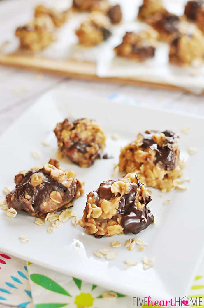 No-Bake Peanut Butter Chocolate Chunk Cookies on a White Square Plate