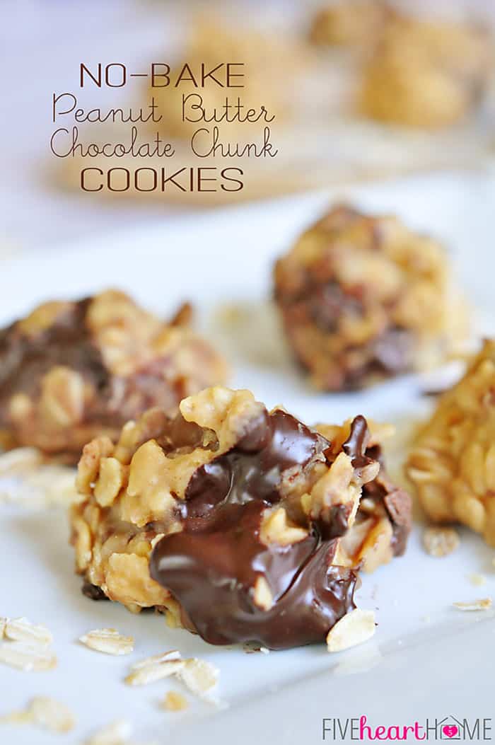 No-Bake Peanut Butter Chocolate Chunk Cookies ~ come together in minutes...no need to turn on the oven! | FiveHeartHome.com via @fivehearthome
