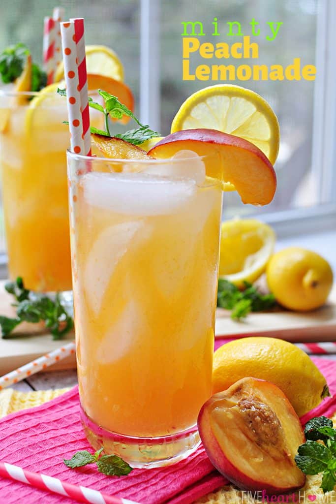 Minty Peach Lemonade in two glasses, garnished with lemon slice, peach wedge, sprig of mint, and red-and-white paper straws, with text overlay