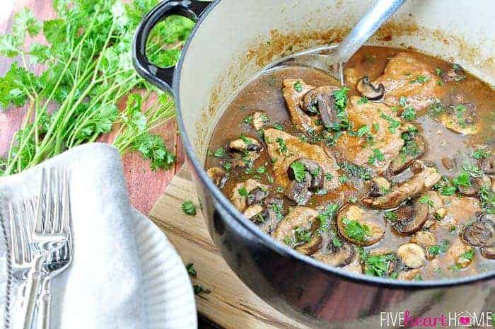 Aerial View of Pork Tenderloin with Mushroom Gravy in a large pot.