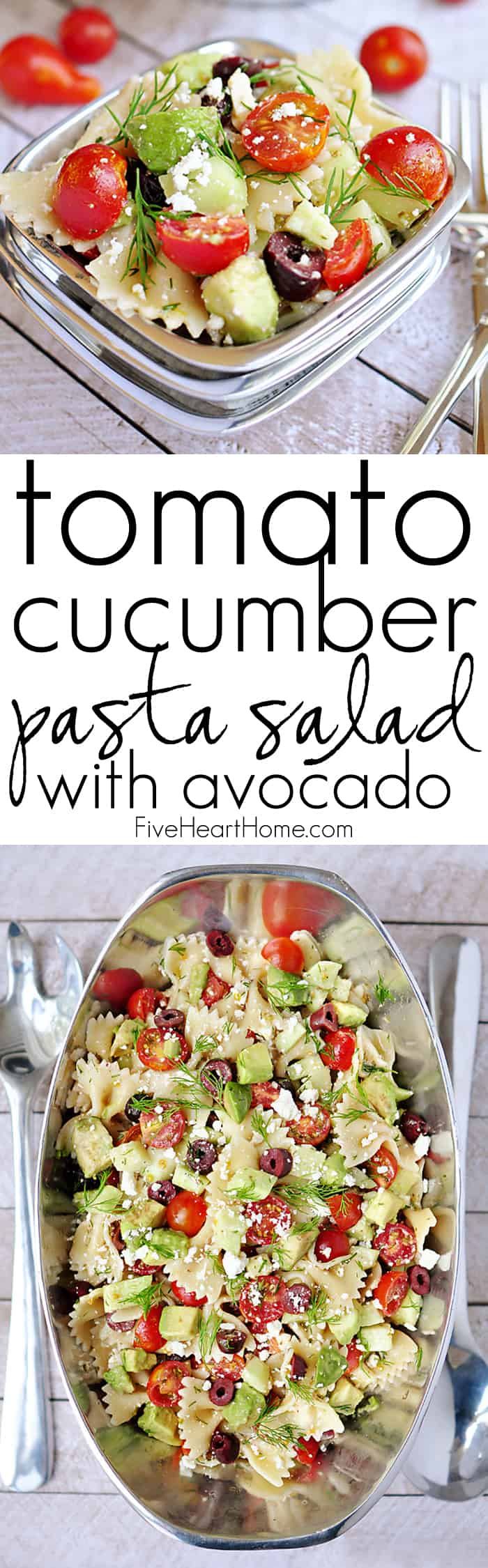 Tomato Cucumber Pasta Salad with Avocado ~ this amazing pasta salad also features Kalamata olives, Feta, and fresh dill for a flavorful summer side! | FiveHeartHome.com via @fivehearthome