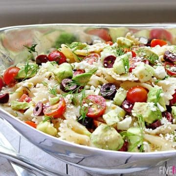 Tomato Cucumber Pasta Salad with Avocado, Kalamata Olives, Feta, and Fresh Dill | FiveHeartHome.com