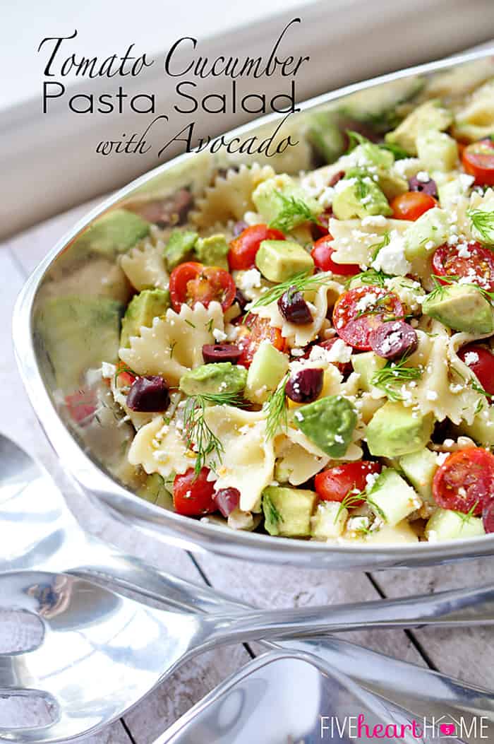 Tomato Cucumber Pasta Salad with text overlay.