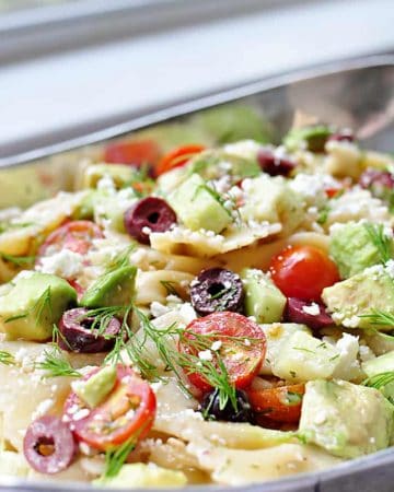 Tomato Cucumber Pasta Salad with Avocado, Kalamata Olives, Feta, and Fresh Dill | FiveHeartHome.com
