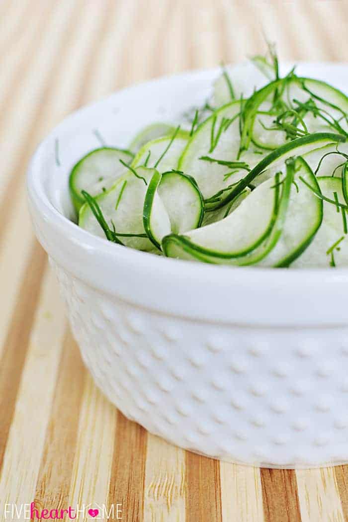 Tangy Cucumber Salad with Fresh Dill ~ thinly-sliced cucumbers in a simple, sweet-and-sour dressing make for a refreshing summer side | FiveHeartHome.com Close-Up