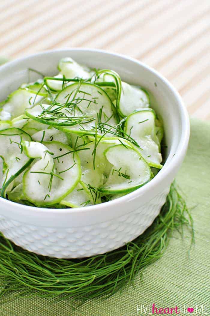 Tangy Cucumber Salad with Fresh Dill ~ thinly-sliced cucumbers in a simple, sweet-and-sour dressing make for a refreshing summer side | FiveHeartHome.com