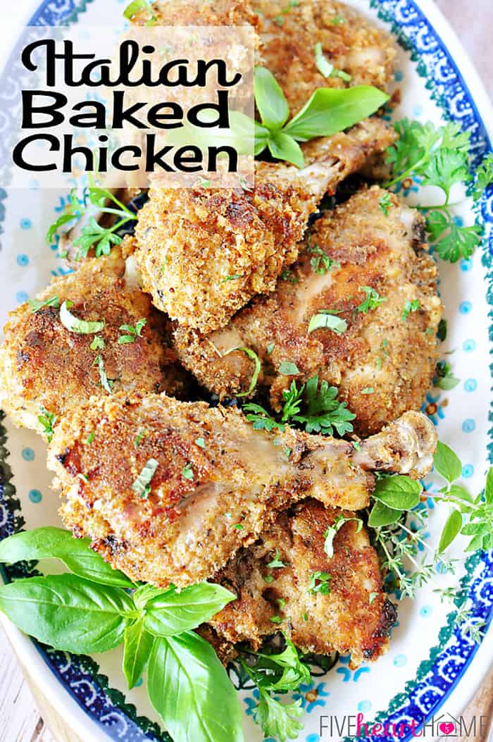 Baked Italian Chicken ~ with its crunchy coating of homemade seasoned breadcrumbs, this baked chicken is not only juicy and flavorful, but it's oven-ready in minutes! | FiveHeartHome.com via @fivehearthome