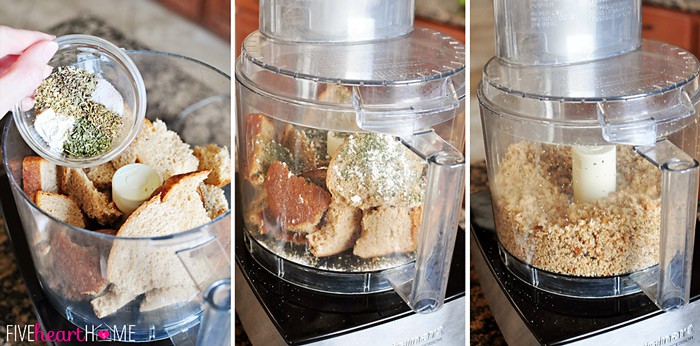 Collage showing steps of how to make seasoned breadcrumbs using a food processor.