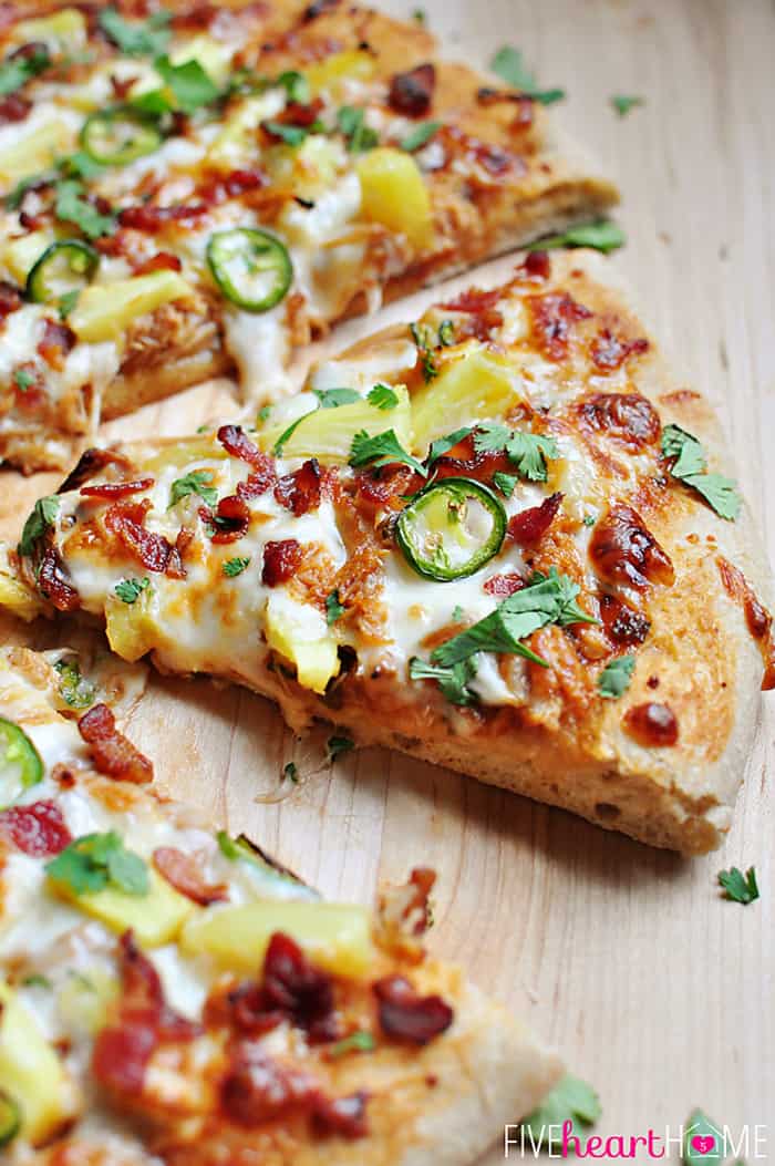 Pineapple Pulled Pork Pizza with Bacon, Jalapeños, Cilantro, and Homemade Pineapple BBQ Sauce (instead of pizza sauce) | FiveHeartHome.com