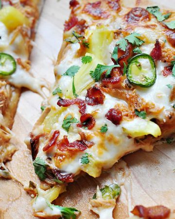Pineapple Pulled Pork Pizza with Bacon, Jalapeños, Cilantro, and Homemade Pineapple BBQ Sauce (instead of pizza sauce) | FiveHeartHome.com