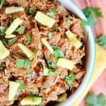 Aerial view of bowl of Pineapple Pulled Pork made in slow cooker.