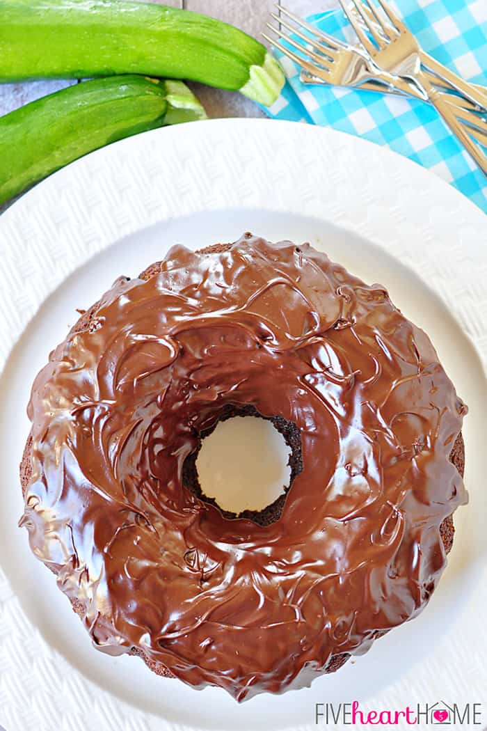 Chocolate Zucchini Bundt Cake with Chocolate Glaze {OR} Chocolate Zucchini Bread ~ so moist and decadent, nobody will guess that it's hiding a pound of zucchini and whole wheat flour! | FiveHeartHome.com Aerial view of Chocolate Zucchini Bundt Cake with Chocolate Glaze.