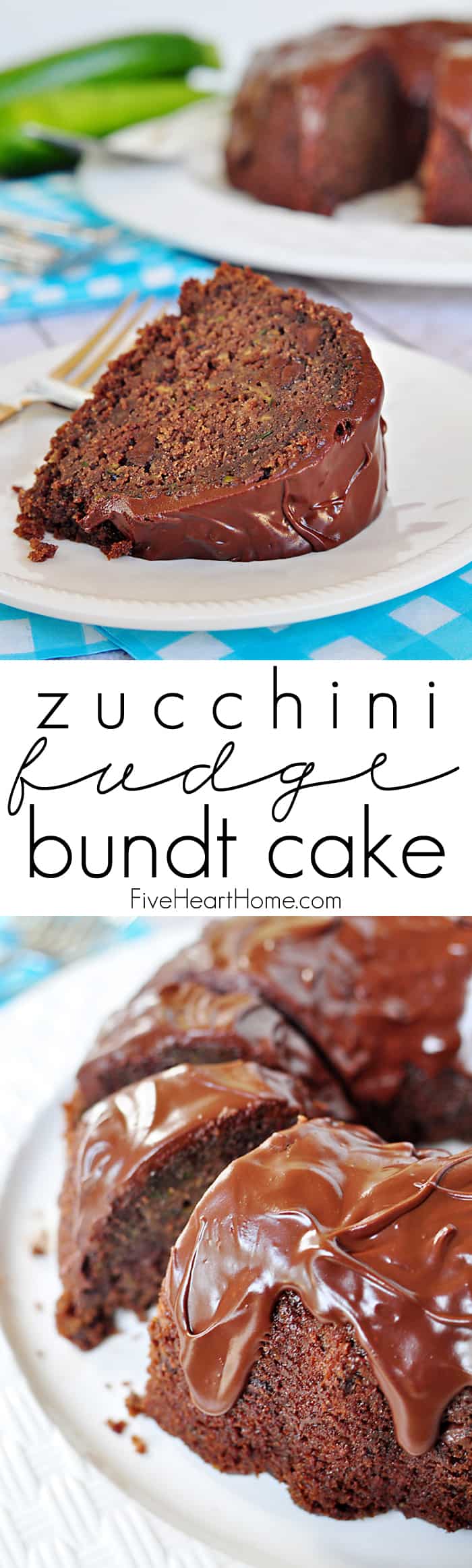 Zucchini Fudge Bundt Cake with Chocolate Glaze {OR} Chocolate Zucchini Bread ~ so moist and decadent, nobody will guess that it's hiding a pound of zucchini and whole wheat flour! | FiveHeartHome.com via @fivehearthome