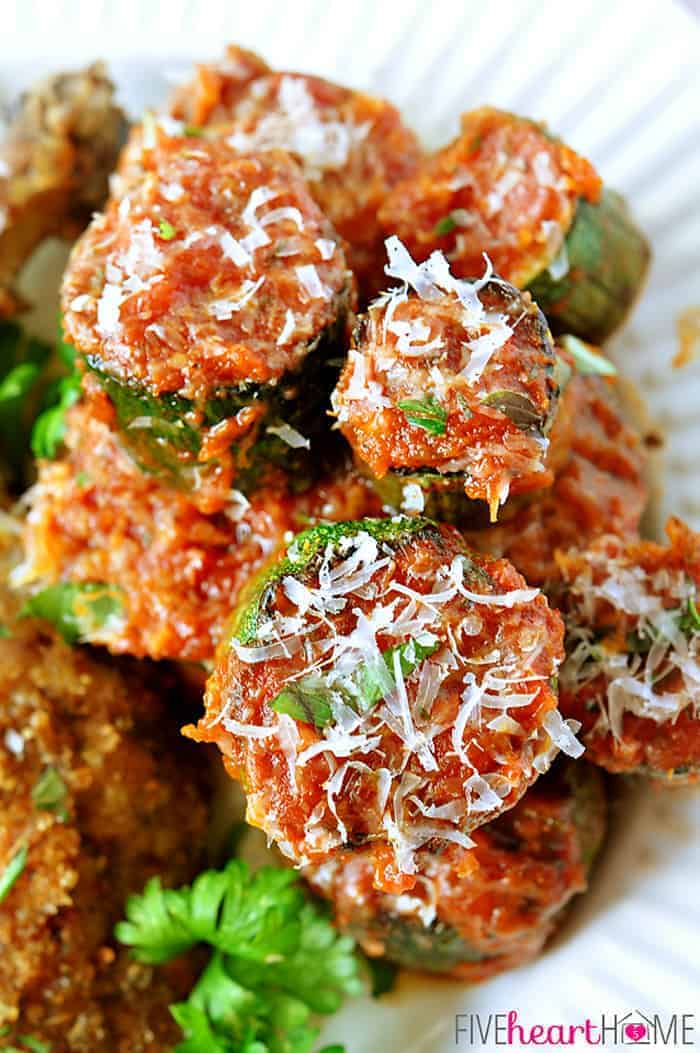 Close-up of Zucchini Marinara piled on plate.