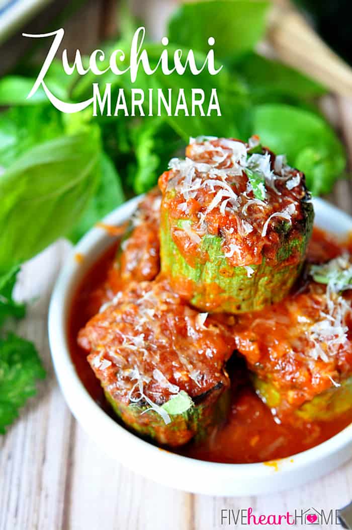 Zucchini Marinara ~ quick, easy side dish of sliced zucchini that's pan sauteed and then cooked until tender in marinara sauce, fresh herbs, and Parmesan. | FiveHeartHome.com via @fivehearthome