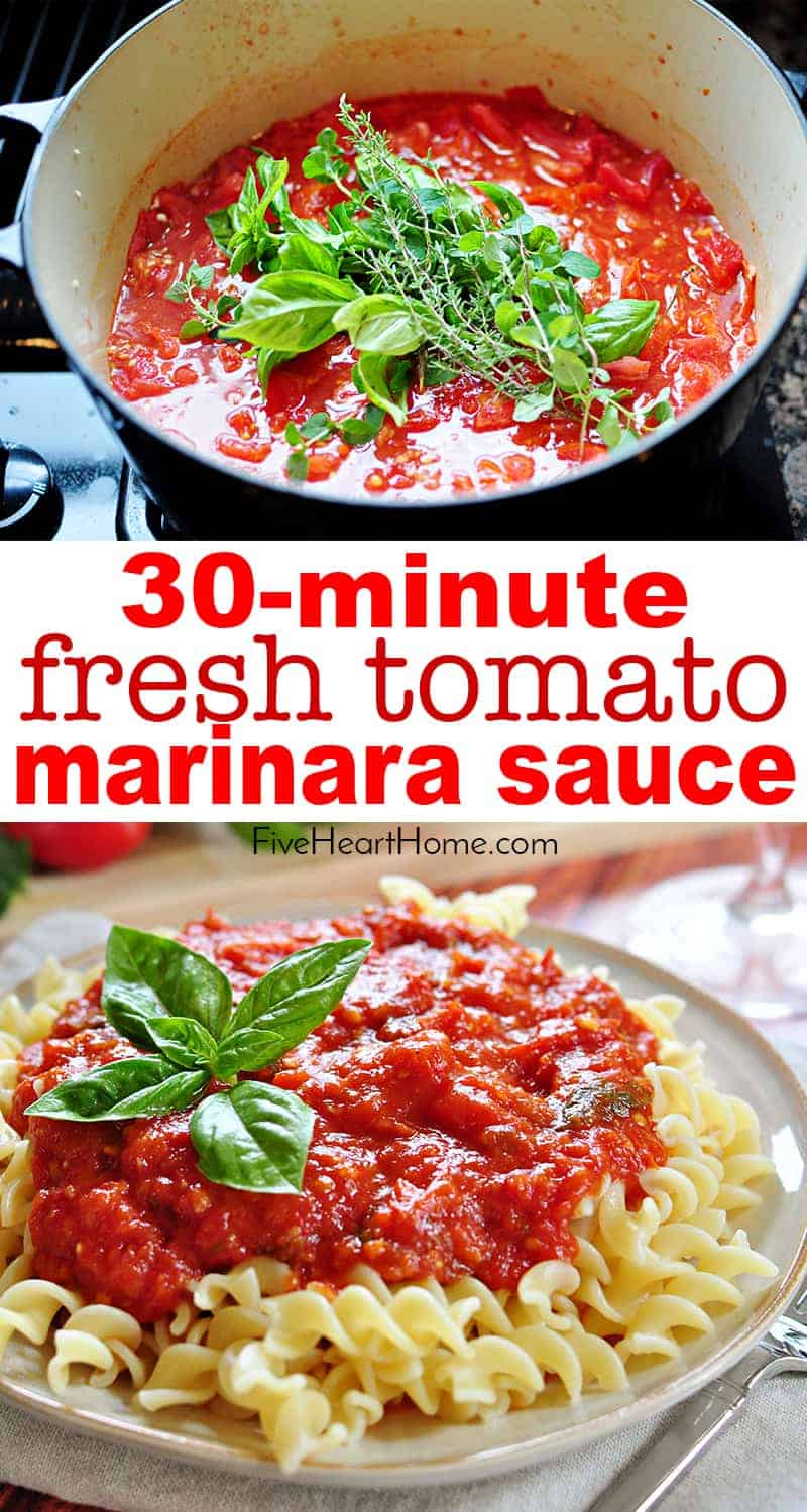 Fresh Tomato Marinara Sauce ~ this delicious, homemade pasta sauce is bursting with ripe, juicy tomatoes, savory garlic, and fresh herbs…but the best part is that it’s ready in 30 minutes! | FiveHeartHome.com #marinarasauce #marinara #pastasauce #tomatorecipes #tomatoes via @fivehearthome