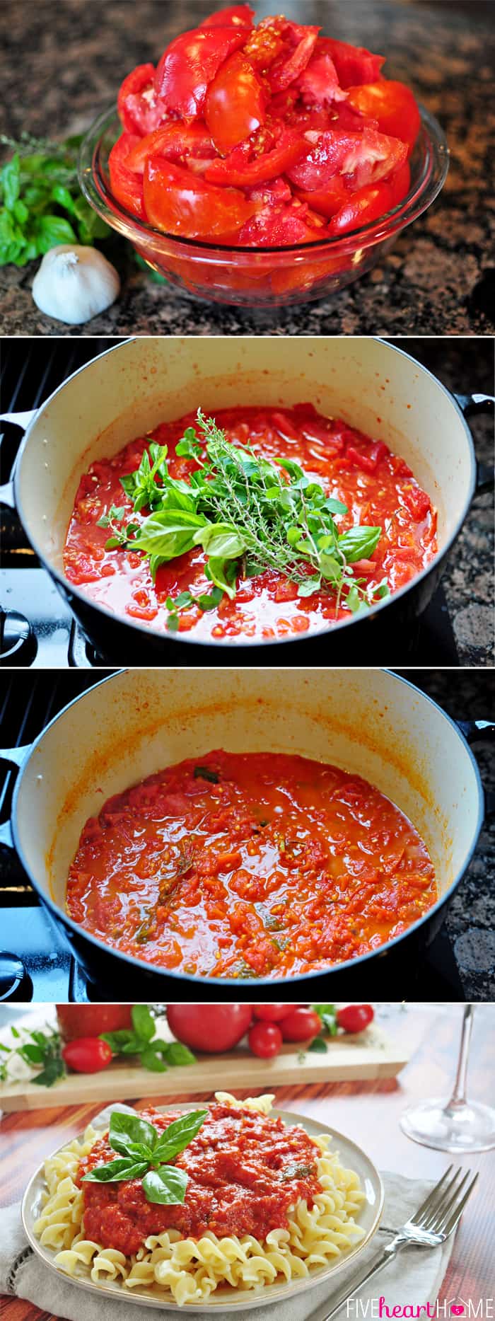 4-photo collage of steps to make Marinara Sauce with Fresh Tomatoes.