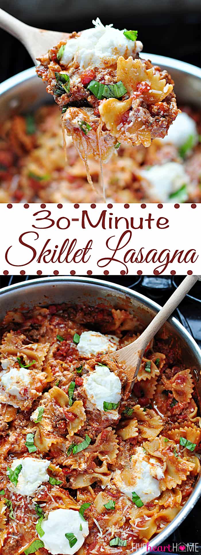 30-Minute Skillet Lasagna ~ quick and easy, savory and cheesy, one pot, stovetop dinner | FiveHeartHome.com