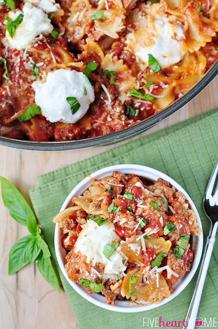 Aerial view of Skillet Lasagna in pan and in bowl.