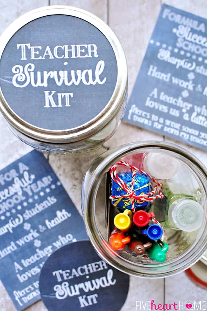 Back to School Teacher Survival Kit Free Printables ~ Mason jar teacher gift featuring Sharpies, hand sanitizer, Starbucks gift card, and chocolate | FiveHeartHome.com