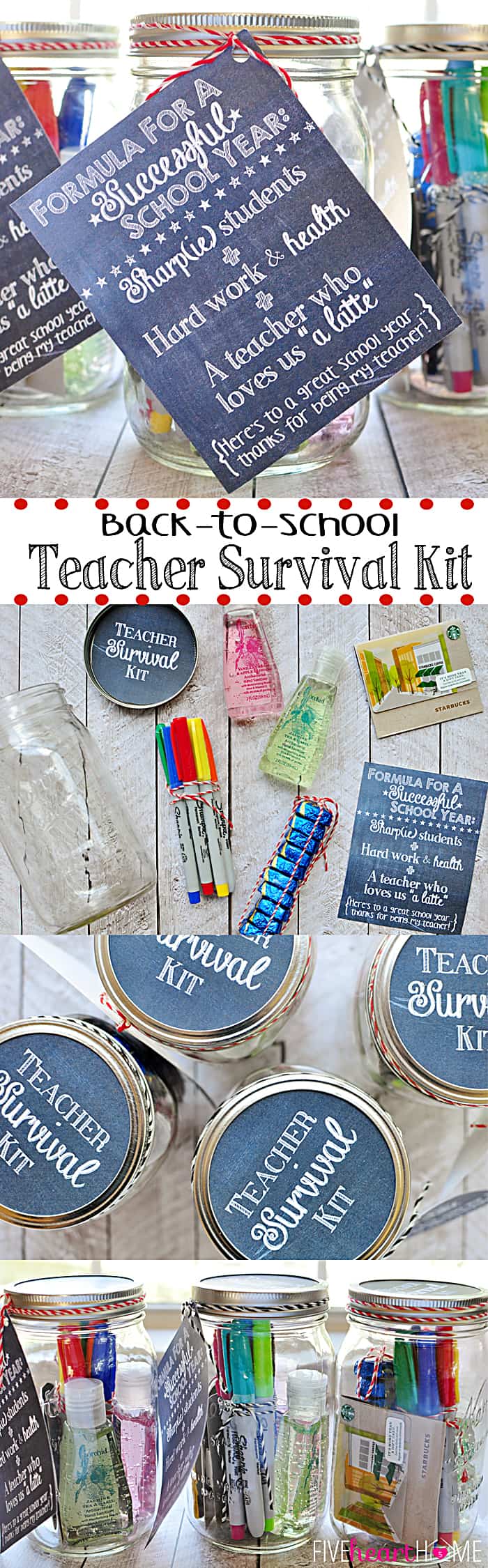 Back to School Teacher Survival Kit Free Printables ~ Mason jar teacher gift featuring Sharpies, hand sanitizer, Starbucks gift card, and chocolate | FiveHeartHome.com