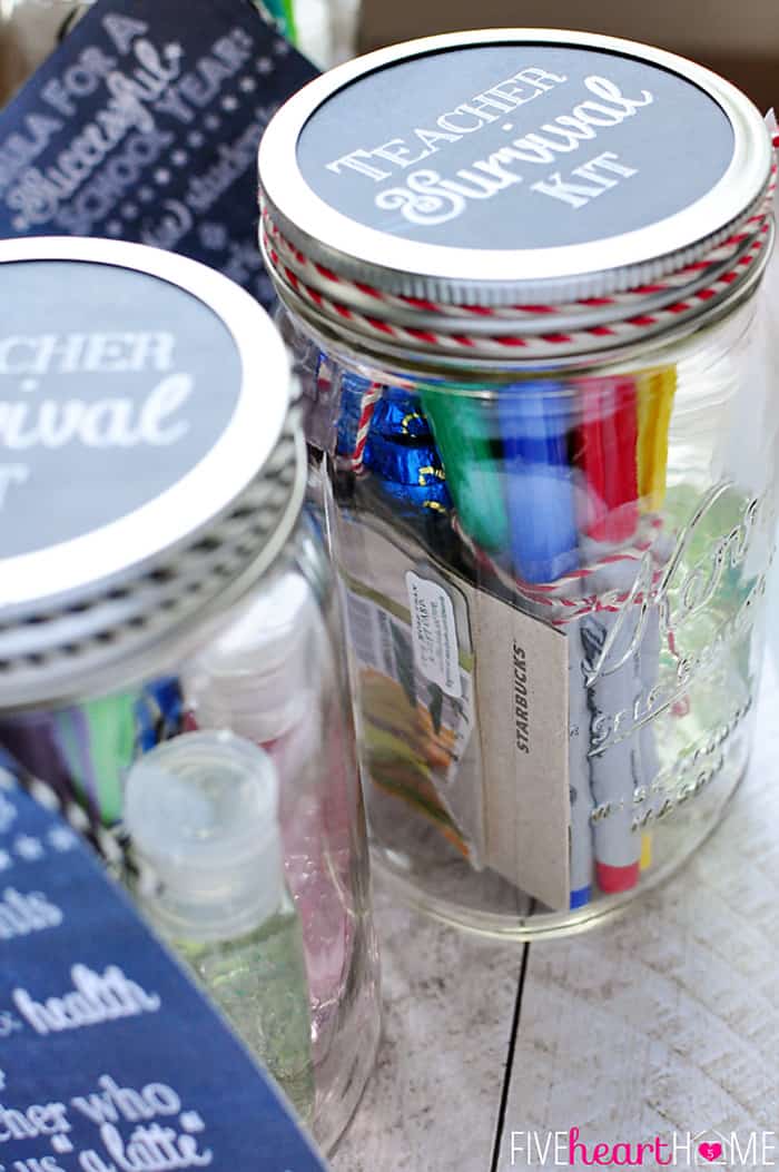 Back to School Teacher Survival Kit Free Printables ~ Mason jar teacher gift featuring Sharpies, hand sanitizer, Starbucks gift card, and chocolate | FiveHeartHome.com