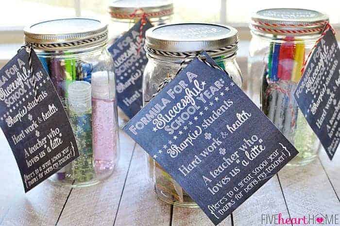 Back to School Teacher Survival Kit Free Printables ~ Mason jar teacher gift featuring Sharpies, hand sanitizer, Starbucks gift card, and chocolate | FiveHeartHome.com