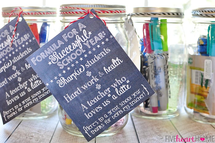 Back to School Teacher Survival Kit Free Printables ~ Mason jar teacher gift featuring Sharpies, hand sanitizer, Starbucks gift card, and chocolate | FiveHeartHome.com