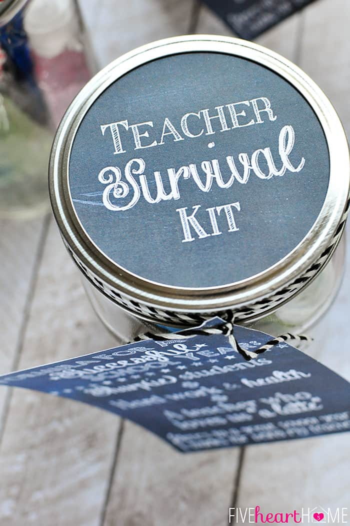 Back to School Teacher Survival Kit Free Printables ~ Mason jar teacher gift featuring Sharpies, hand sanitizer, Starbucks gift card, and chocolate | FiveHeartHome.com