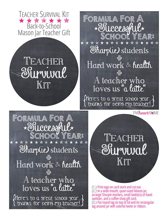 Back to School Teacher Survival Kit Free Printables ~ Mason jar teacher gift featuring Sharpies, hand sanitizer, Starbucks gift card, and chocolate | FiveHeartHome.com