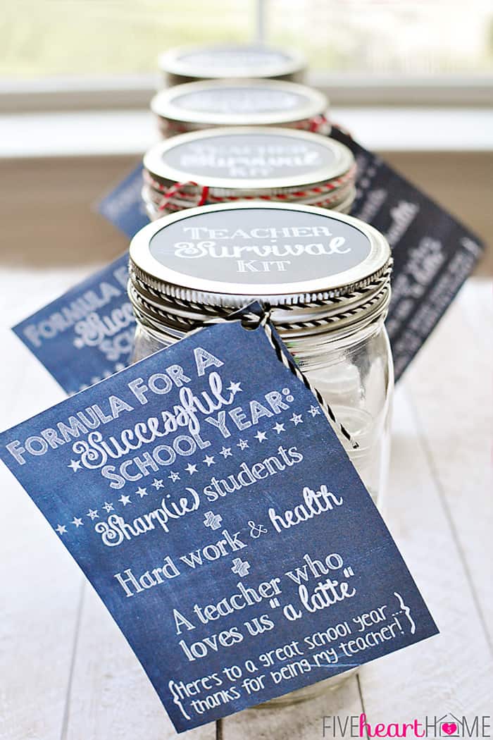 Back to School Teacher Survival Kit Free Printables ~ Mason jar teacher gift featuring Sharpies, hand sanitizer, Starbucks gift card, and chocolate | FiveHeartHome.com