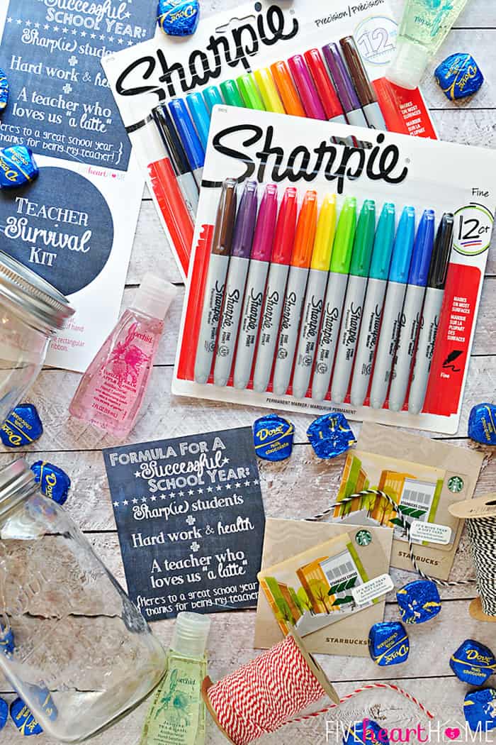 Back to School Teacher Survival Kit Free Printables ~ Mason jar teacher gift featuring Sharpies, hand sanitizer, Starbucks gift card, and chocolate | FiveHeartHome.com