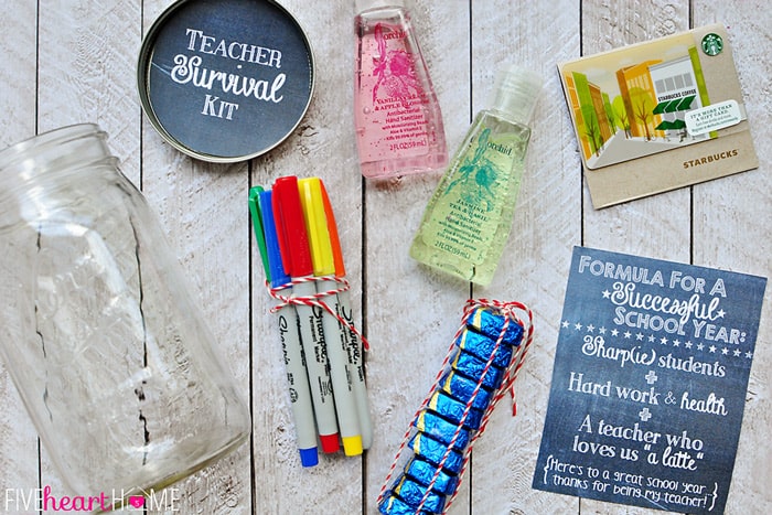 Back to School Teacher Survival Kit Free Printables ~ Mason jar teacher gift featuring Sharpies, hand sanitizer, Starbucks gift card, and chocolate | FiveHeartHome.com