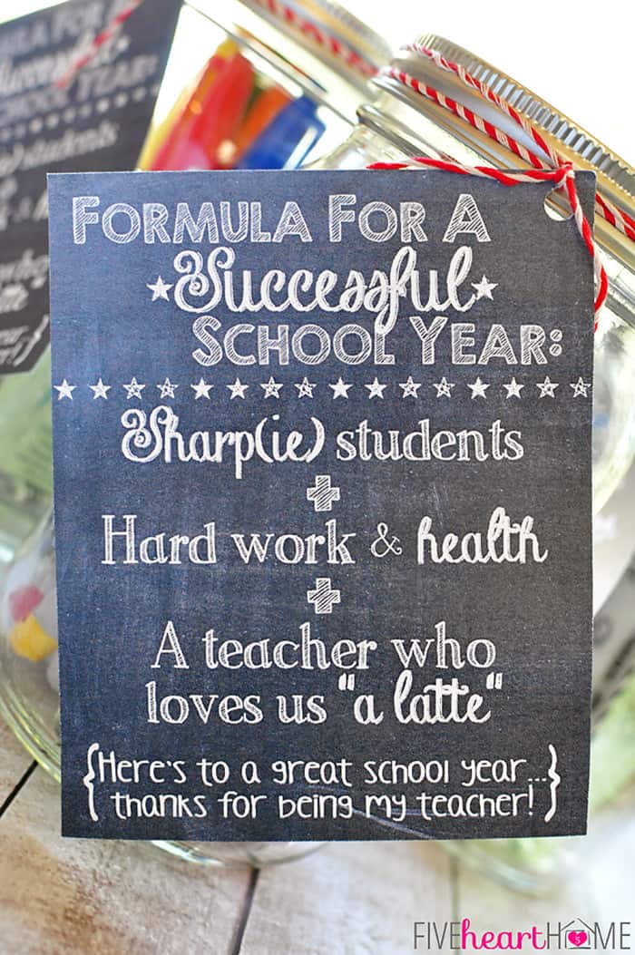 Back to School Teacher Survival Kit Free Printables ~ Mason jar teacher gift featuring Sharpies, hand sanitizer, Starbucks gift card, and chocolate | FiveHeartHome.com