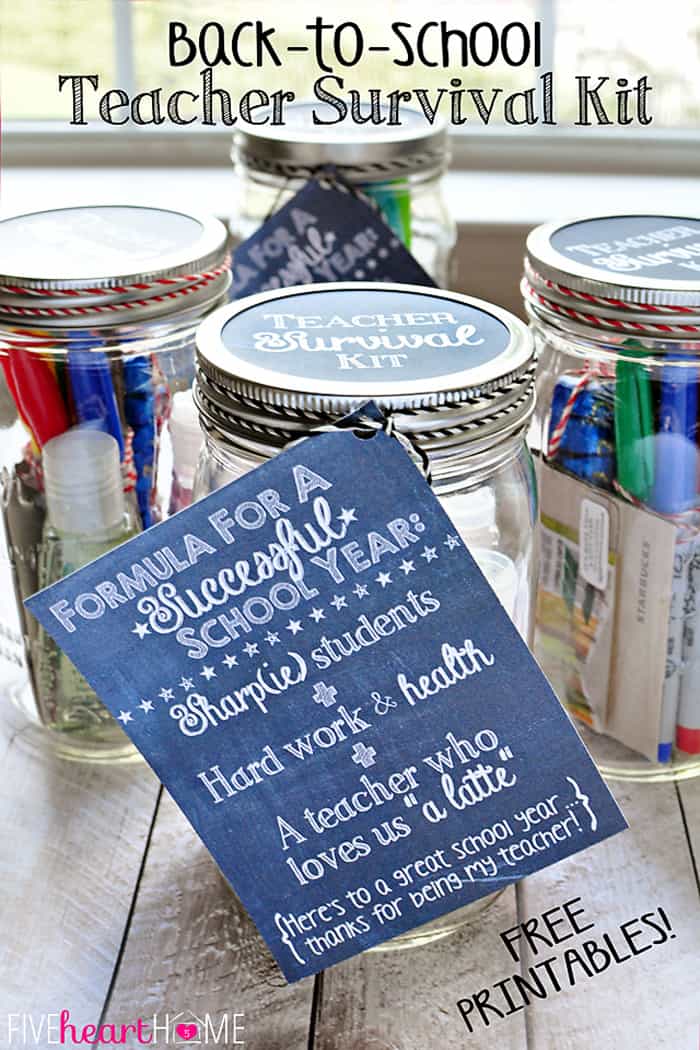 Back to School Teacher Survival Kit Free Printables ~ Mason jar teacher gift featuring Sharpies, hand sanitizer, Starbucks gift card, and chocolate | FiveHeartHome.com