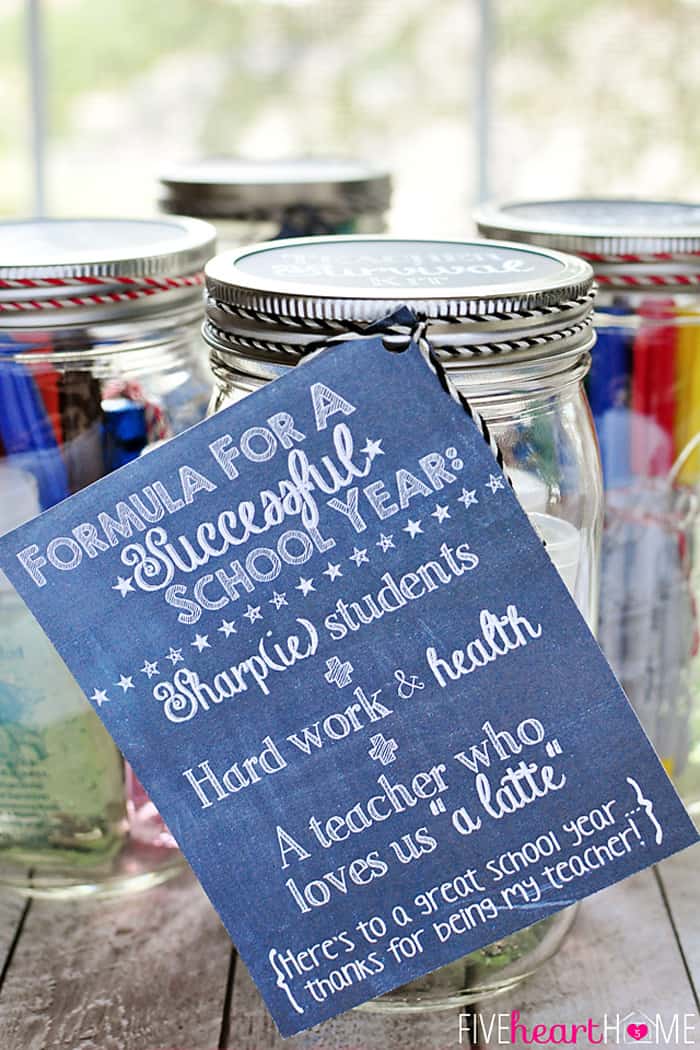 Back to School Teacher Survival Kit Free Printables ~ Mason jar teacher gift featuring Sharpies, hand sanitizer, Starbucks gift card, and chocolate | FiveHeartHome.com