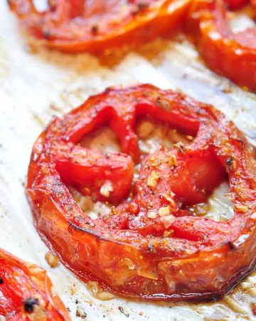 Oven Roasted Tomatoes on baking sheet.