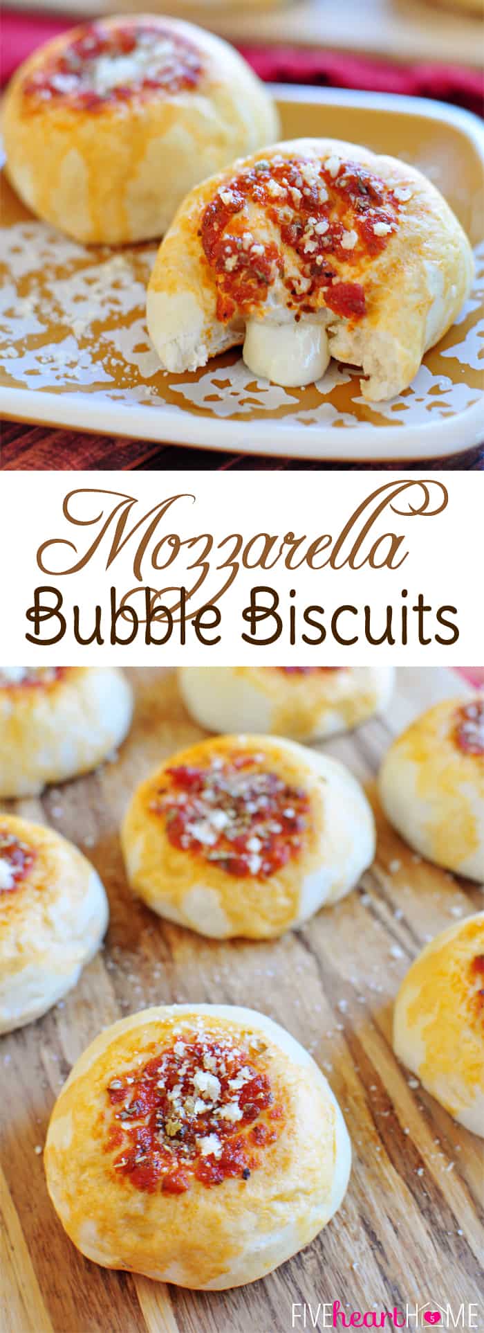 Mozzarella Bubble Biscuits ~ refrigerated biscuits with gooey, cheesy centers and marinara on top | FiveHeartHome.com