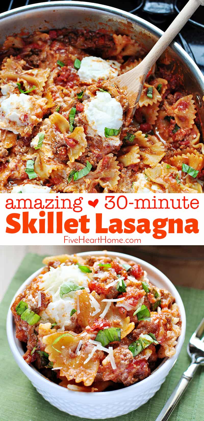 Skillet Lasagna ~ this quick & easy 30-minute lasagna recipe comes together in a skillet with bowtie pasta, ground beef, tomatoes and three kinds of cheese! | FiveHeartHome.com #skilletlasagna #lasagna #lasagnarecipe via @fivehearthome